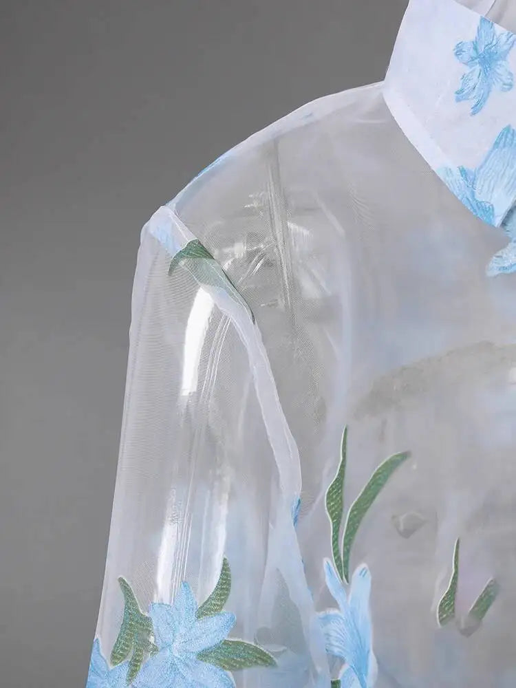 DEAT Fashion Floral Print Sheer Organza Shirt Women's Lapel Loose Light Blue Blouse Summer New