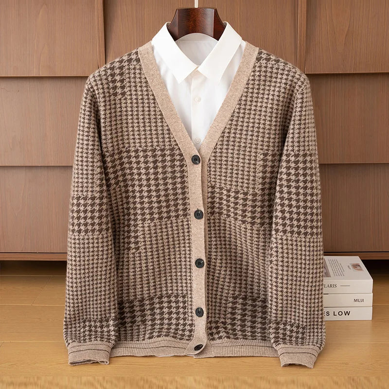 Men's V-Neck Cardigan Business Casual Jacquard Thickened Jacket 100% Merino Wool Knit Coat Autumn Winter Warmth Men's Clothing