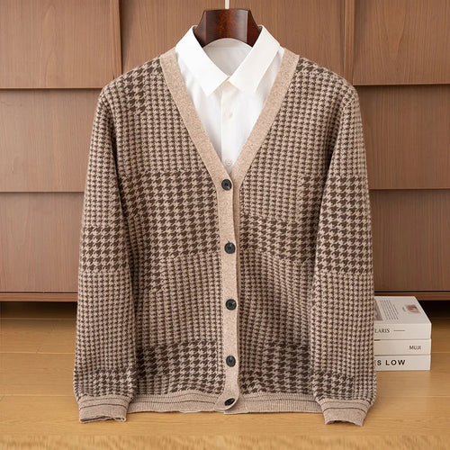 Men's V-Neck Cardigan Business Casual Jacquard Thickened Jacket 100% Merino Wool Knit Coat Autumn Winter Warmth Men's Clothing