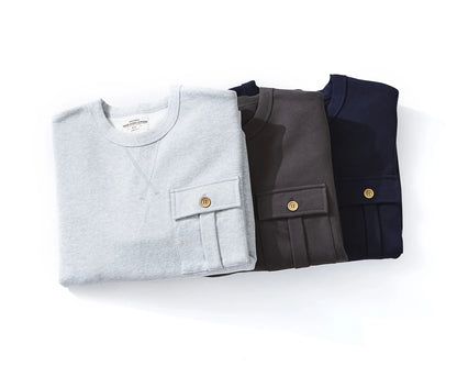 Men's Amekaji 490g Heavyweight French Terry Sweatshirt - Solid Color Crew Neck Pullover Kangaroo Pocket Thick Hoodie