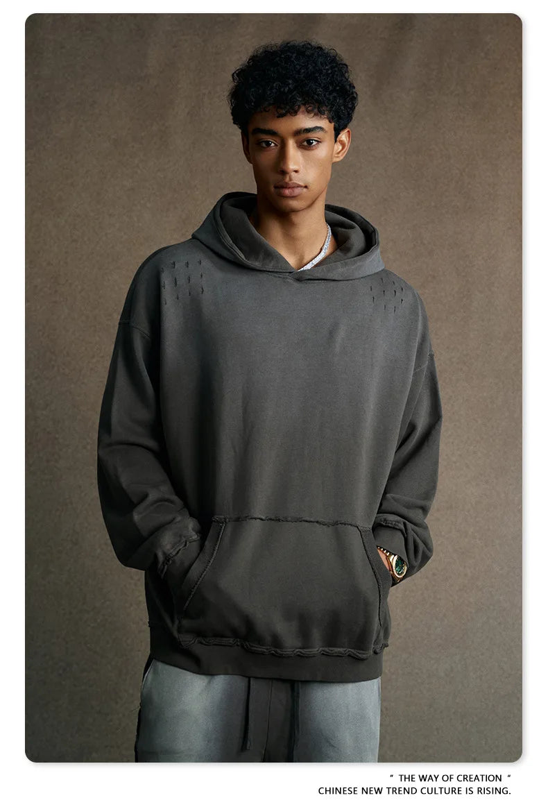 Custom LOGO men's 2025 autumn 370G heavy 100% cotton gradual change hole hooded sweater straight trousers set
