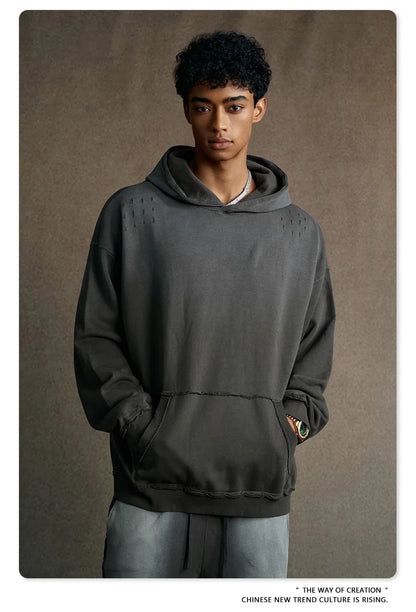 Custom LOGO men's 2025 autumn 370G heavy 100% cotton gradual change hole hooded sweater straight trousers set