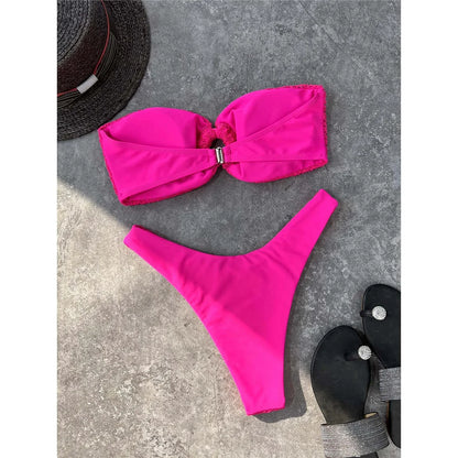 Wrinkled Bandeau High Cut Bikini Women Swimwear Female Swimsuit Two-pieces Bikini set Strapless Bather Bathing Suit Swim V3367