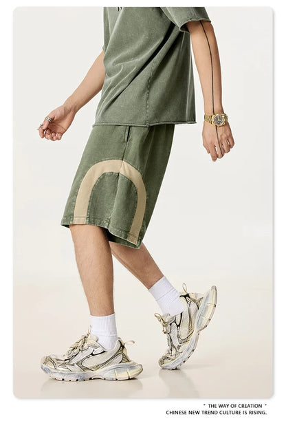 Customized LOGO men's summer European and American hip-hop style splicing contrasting shorts loose straight five-point pants