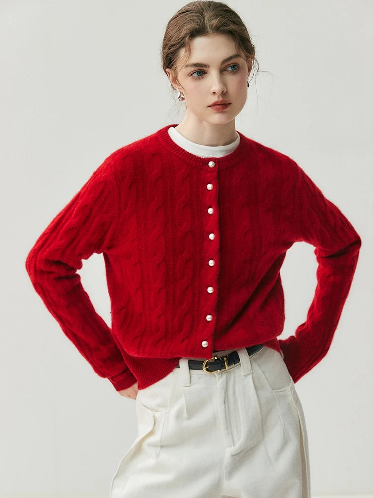 CHICUU Women's O-neck Cashmere Cardigan 100% Cashmere Sweater Cable Knit Preppy Style Cardigan Coat Autumn Winter Clothes Tops