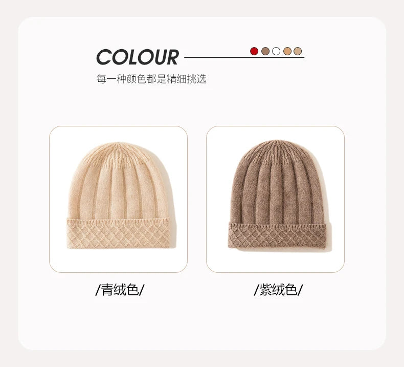 Thickened Outdoor Hat Autumn And Winter Men's And Women's Pullover 100%cashmere Hat With Groove Strip Casual And Warm Woolen Hat