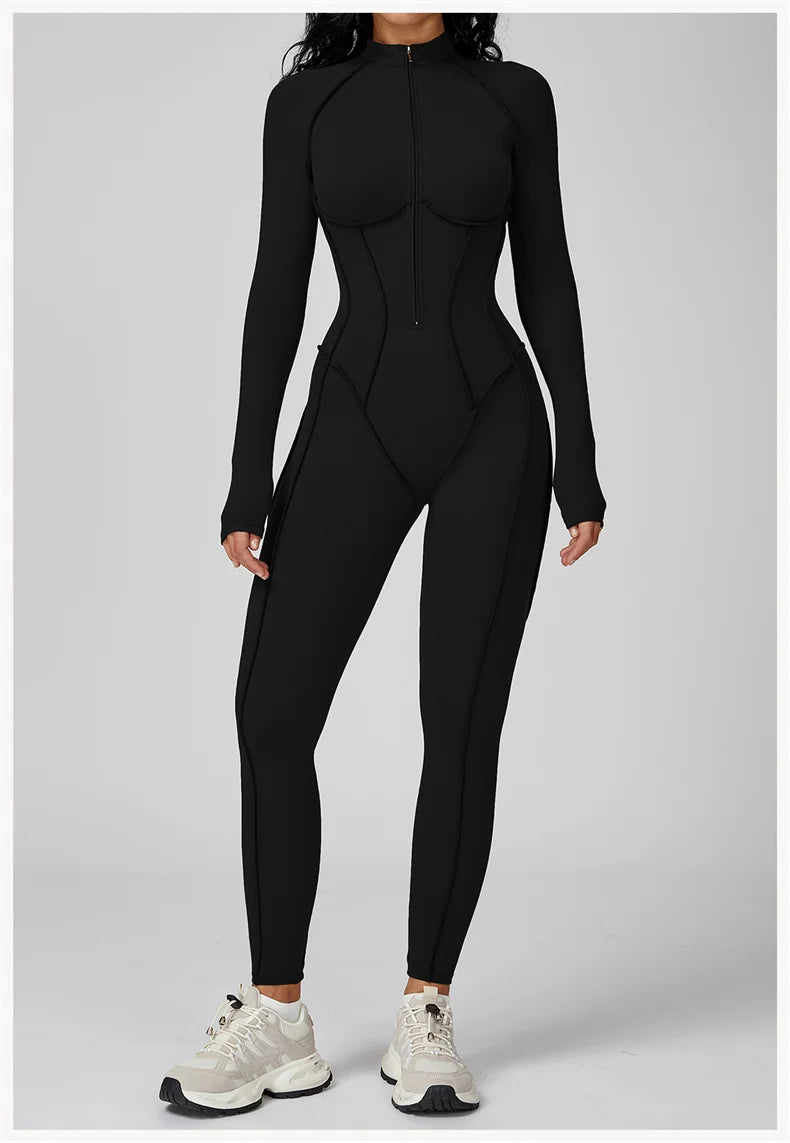 TRY TO BN Gym Jumpsuit Half Zipper Sports Stripe Fitness Bodysuit One-Piece Workout Activewear Tights Woman Suits Yoga Clothing