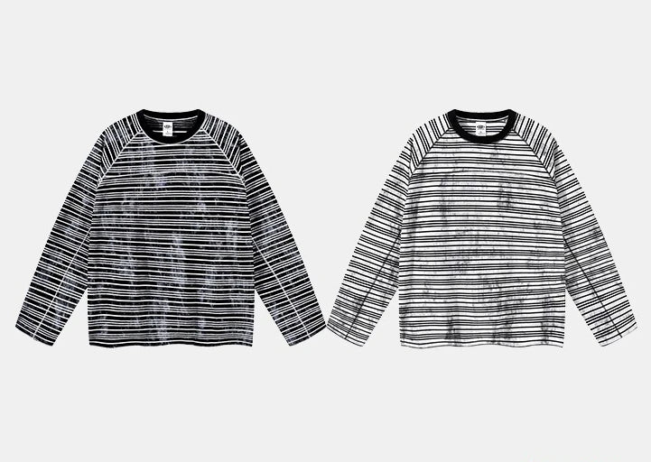 Custom LOGO Men's Cotton Polyester 210G Retro Dirty Dyeing Room Strips Shoulder Rugged Couple Long Sleeve Knitted T-Shirt Top