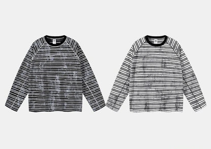 Custom LOGO Men's Cotton Polyester 210G Retro Dirty Dyeing Room Strips Shoulder Rugged Couple Long Sleeve Knitted T-Shirt Top
