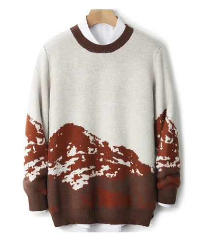 Autumn/Winter New 100% Merino Wool Knit Sweater Men's O-Neck Color Block Cashmere Pullover Business Casual Thick Long-Sleeved