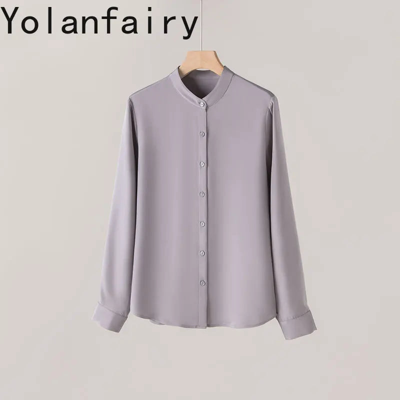 YOLANFAIRY 93% Natural Mulberry Silk Shirts Woman 2026 Stand Collar Long Sleeve Blouse Women Elegant White Shirt OL Ladies Tops