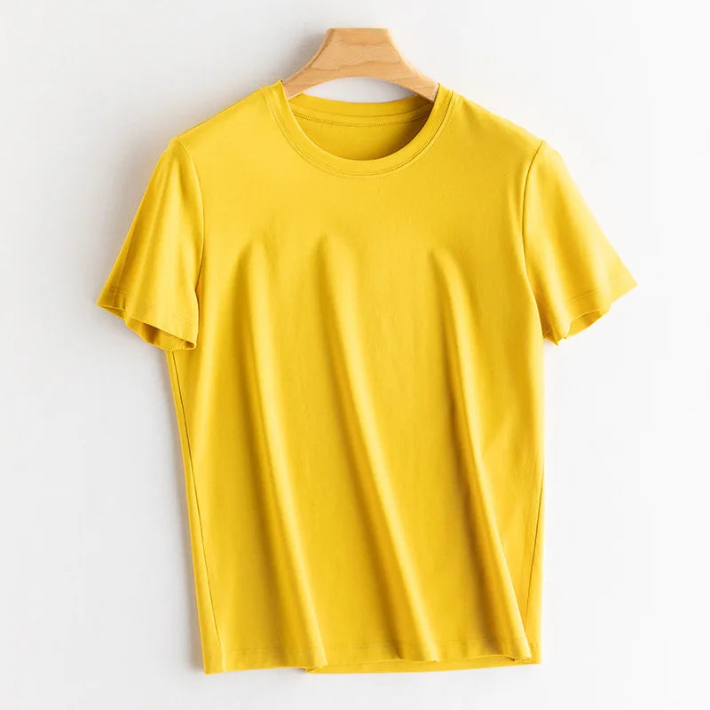 SuyaDream Women Solid T shirts, Silk Cotton Blend, O Neck, Short Sleeved Solid Tee,2025 Summer Candy Colors Basic Cozy Top Green