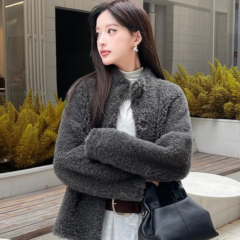 YOLANFAIRY 100% Genuine Leather Jacket Women Warm Natural Fur Coat Woman Winter Short Real Lamb White Fur Coats Jaqueta Feminina