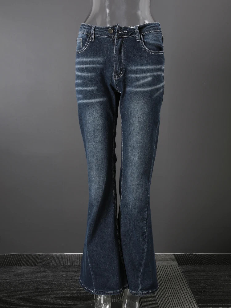DEAT Fashion Flared Denim Jeans Women's Mid Rise Whiskered Wash Dark Blue Bootcut Jeans Summer New