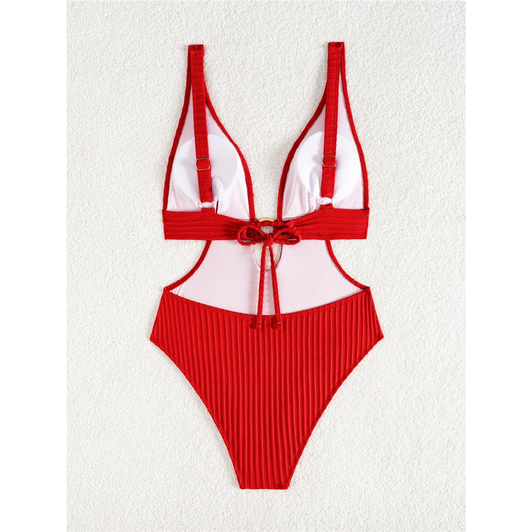 Sexy 8 Colors Deep V Neck Cut Out One Piece Swimsuit Women Swimwear Female High Leg Cut Monokini Bather Bathing Suit Swim V7177
