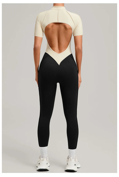 SOISOU Zipper Jumpsuit Women Nylon Clothing Sportswear Woman Gym Yoga Sport Sets Short Sleeve Workout Sets Women Tracksuit