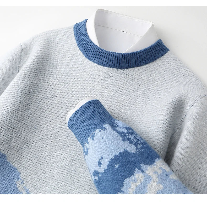 Autumn/Winter New 100% Merino Wool Knit Sweater Men's O-Neck Color Block Cashmere Pullover Business Casual Thick Long-Sleeved