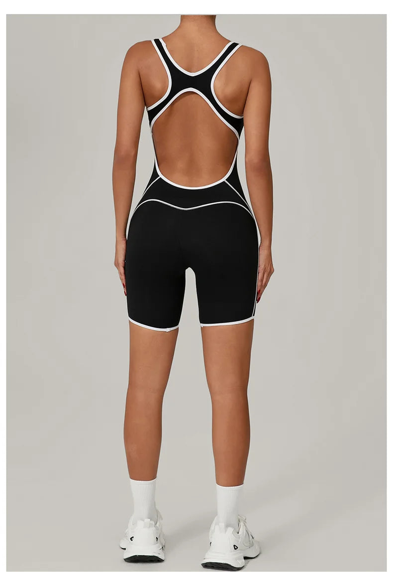 TRY TO BN Yoga Jumpsuit Sports Hollow Back Breathable Contrasting Color Bodysuit Fitness One Piece Set Running Gym Woman Clothes