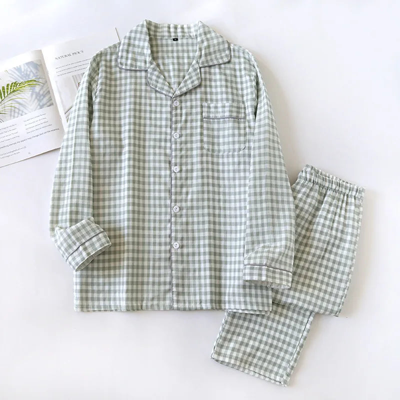 2026 Spring/Summer Couple Pajama Set 100% Cotton Double Layer Gauze Men's and Women's Japanese Plaid Set Long sleeved Home Fury