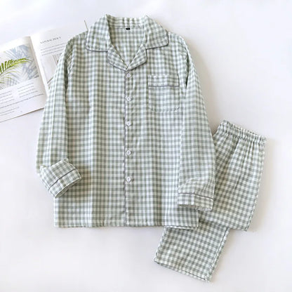 Spring and autumn men and women cotton double gauze long sleeve trousers suit couple summer thin pajamas home service plus size