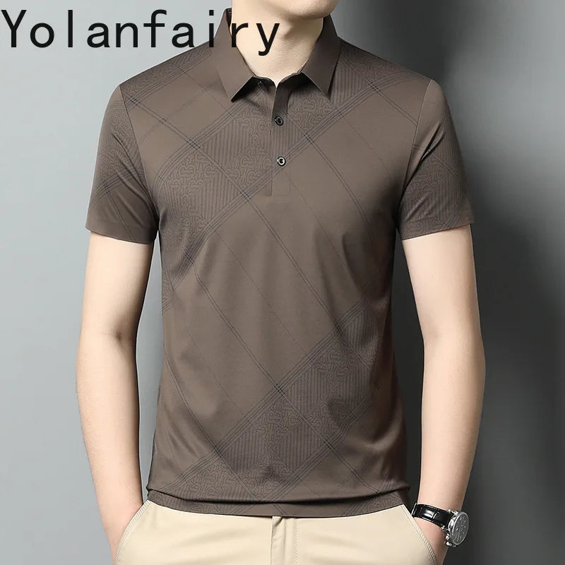 YOLANFAIRY Mulberry Silk T Shirt Men Polo Shirt Mens Shirts Short Sleeves Polos Hombre Manga Corta Summer Mens Clothing 2024