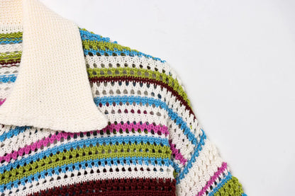 Women Patchwork Striped Hollow Out Crochet Knitted Crop Sweater Shorts Set Short Sleeve Polo Collar Sweater Knit Shorts Suit Y2K