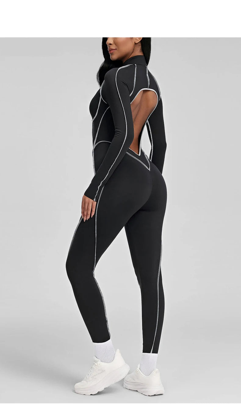SOISOU Nylon Jumpsuit Women's Sport Yoga Fitness Set with zipper & chest cushion Bare Back High elastic soft fabric Gym Bodysuit