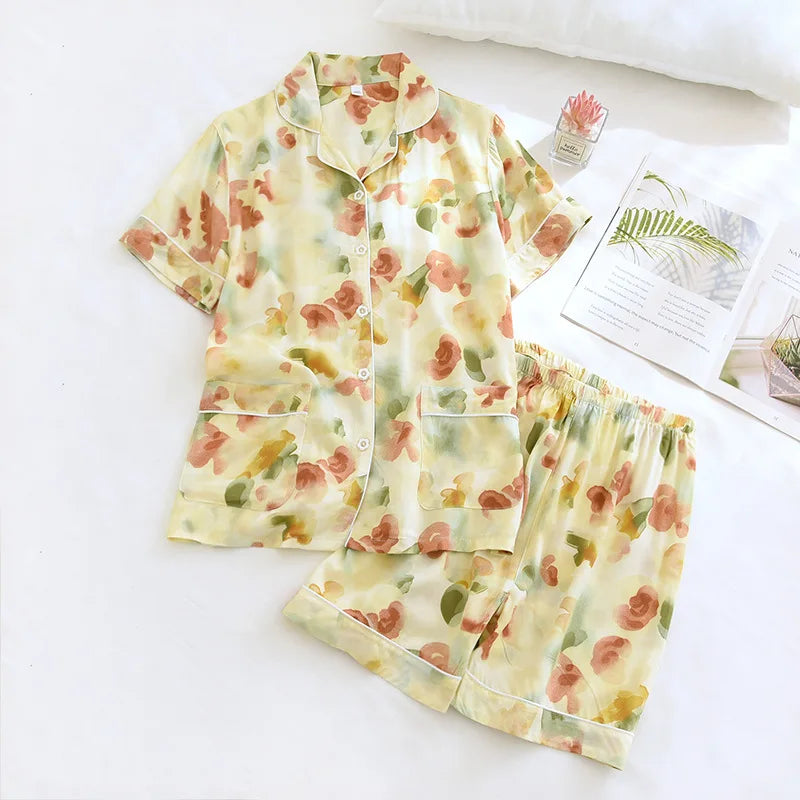 Summer new ladies 100%viscose pajama set short-sleeved shorts thin section home service loose large size two piece set plus size