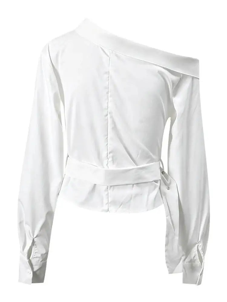 DEAT Fashion Belted Waist Shirt Women's One Shoulder Asymmetrical Collar Long Sleeve White Blouse Sumemr New