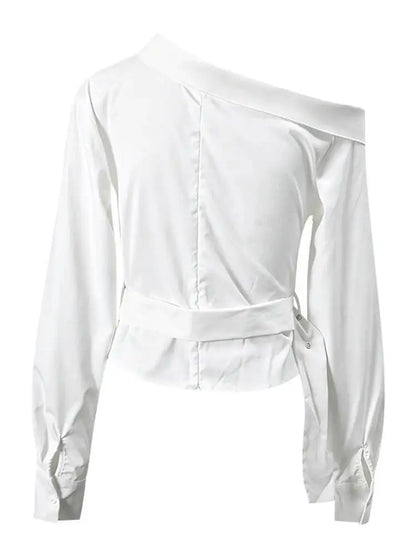 DEAT Fashion Belted Waist Shirt Women's One Shoulder Asymmetrical Collar Long Sleeve White Blouse Sumemr New