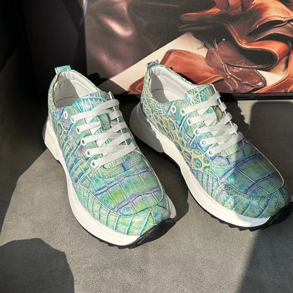 Designer real crocodile leather hand-painted aurora blue men's fashion sneakers crocodile leather men's lace-up casual shoes
