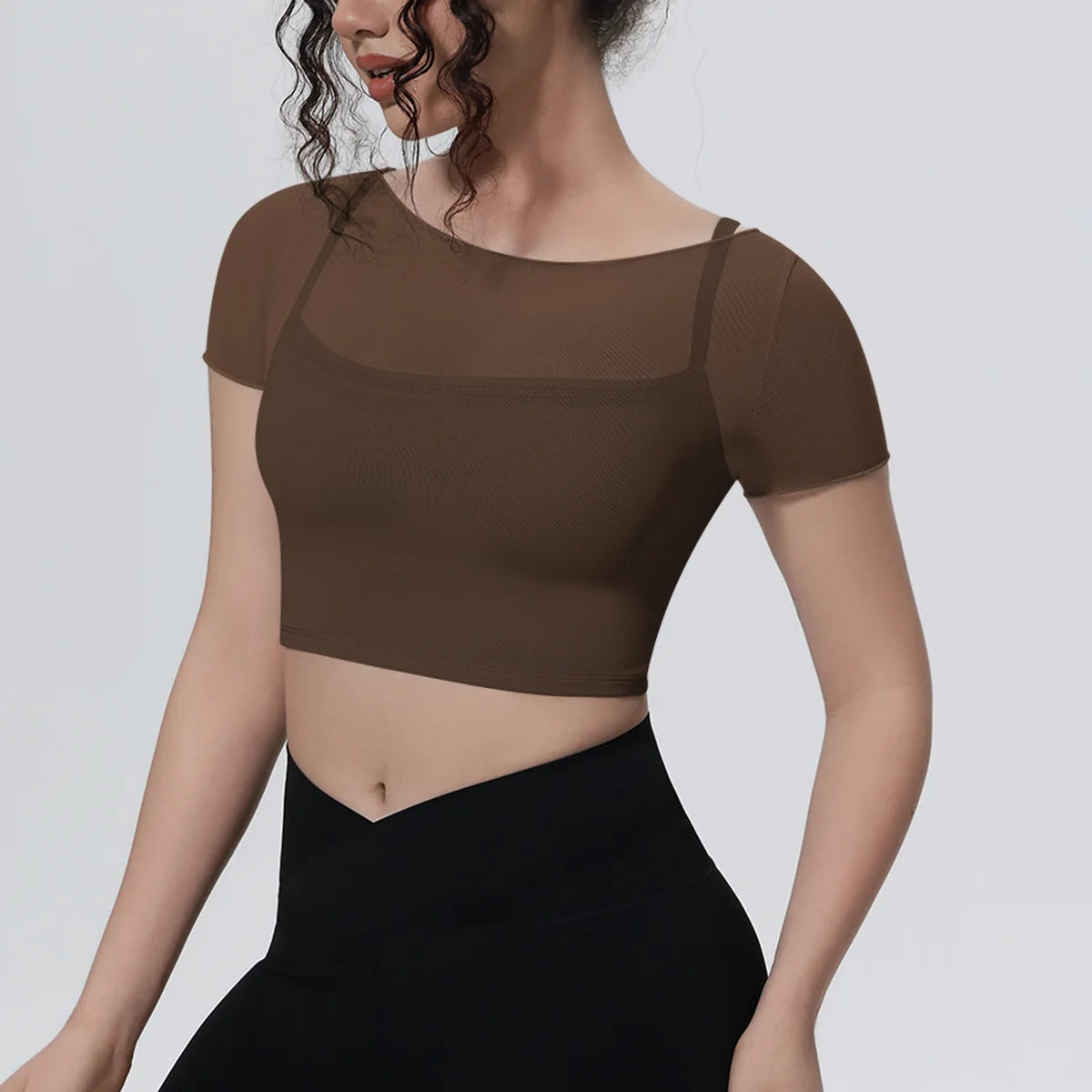 Hearuisavy Women's Mesh Short Sleeve Yoga Top With Padded Bra Fake Two Piece Gym Clothing Quick Dry Sports Crop Top Fitness Top