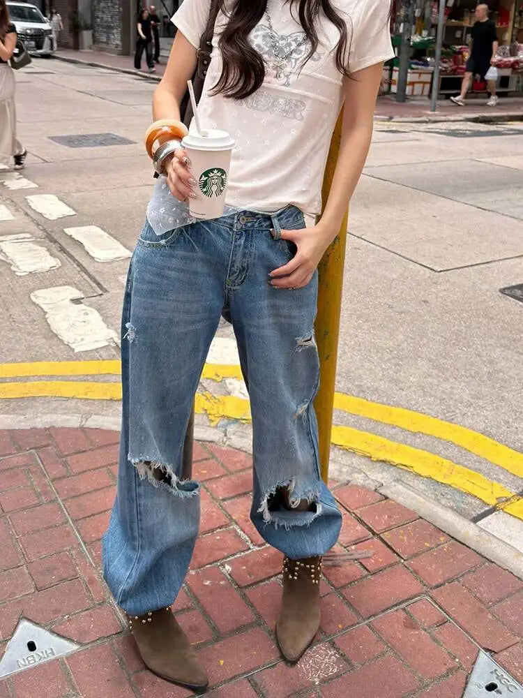 DEAT Fashion Distressed Ripped Wide Leg Jeans Women's Low Waist Frayed Hem Blue Denim Pants Summer New 7A4508