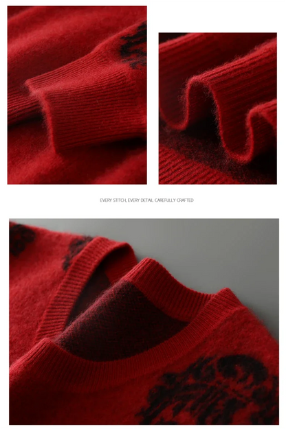 Men's 100% Pure Wool Sweater O-Neck Loose Pullover Autumn/Winter New Embroidery Business Casual Cashmere Tops Knit Bottom Shirt