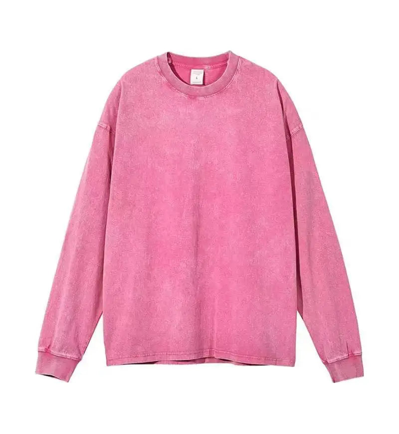 Custom Logo DIY Brand 100% Cotton Retro Washed  Cotton Long Sleeve T-Shirts For Men Unisex Oversized Loose Crew Neck Streetwears