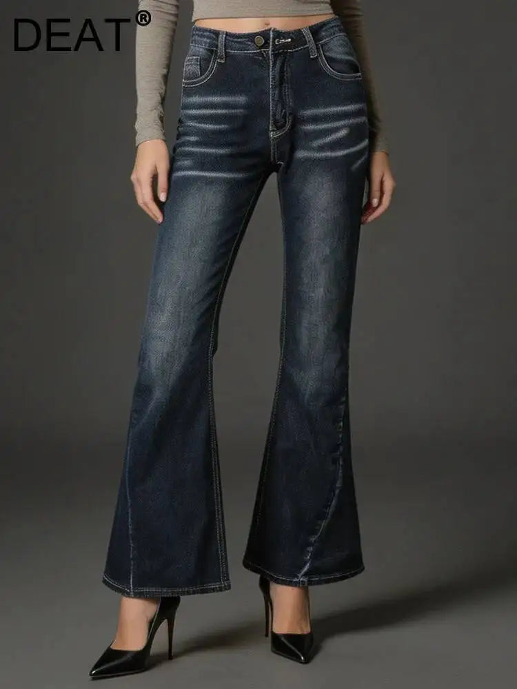 DEAT Fashion Flared Denim Jeans Women's Mid Rise Whiskered Wash Dark Blue Bootcut Jeans Summer New