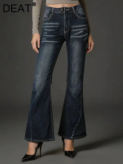 DEAT Fashion Flared Denim Jeans Women's Mid Rise Whiskered Wash Dark Blue Bootcut Jeans Summer New