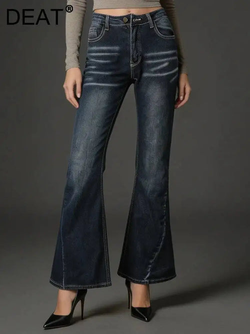 DEAT Fashion Flared Denim Jeans Women's Mid Rise Whiskered Wash Dark Blue Bootcut Jeans Summer New