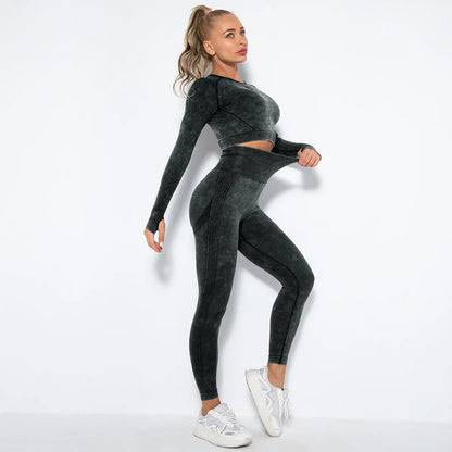 Women Seamless Tracksuit Yoga Set 2PCS Workout Clothes Athletic Wear Gym Legging Fitness Bra Crop Top Long Sleeve Sports Suits