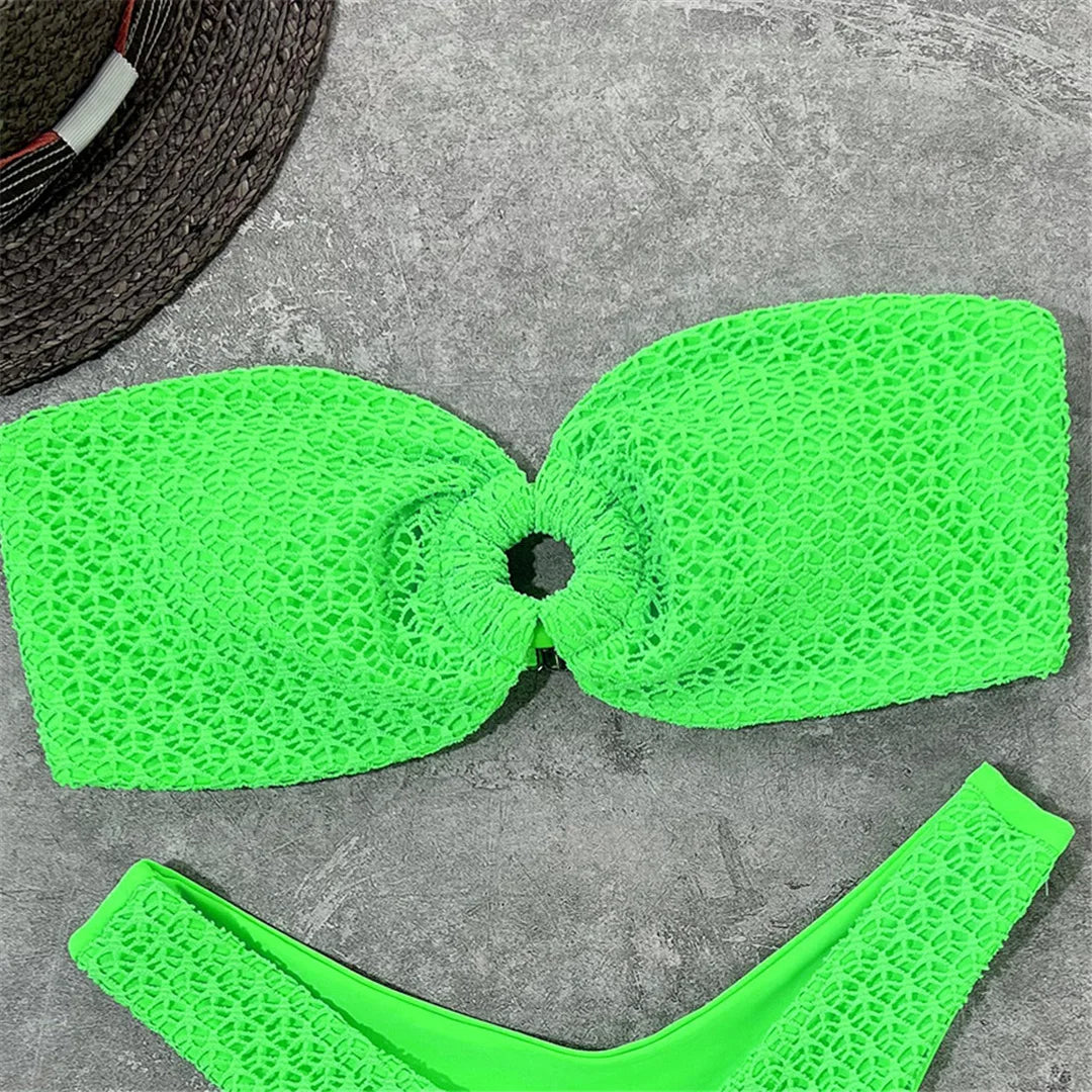 Wrinkled Bandeau High Cut Bikini Women Swimwear Female Swimsuit Two-pieces Bikini set Strapless Bather Bathing Suit Swim V3367