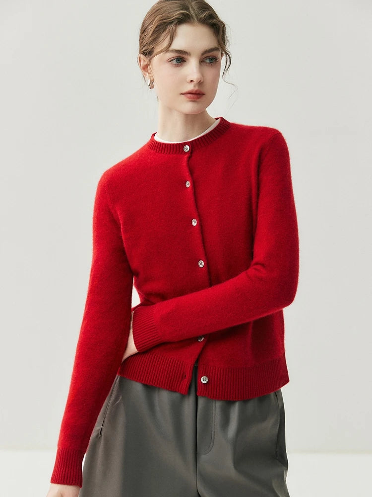 CHICUU Autumn Winter Women Thick O-neck Cardigan Basic Simple 100% Cashmere Sweater Solid Long Sleeve Cardigan Coat Knitwear