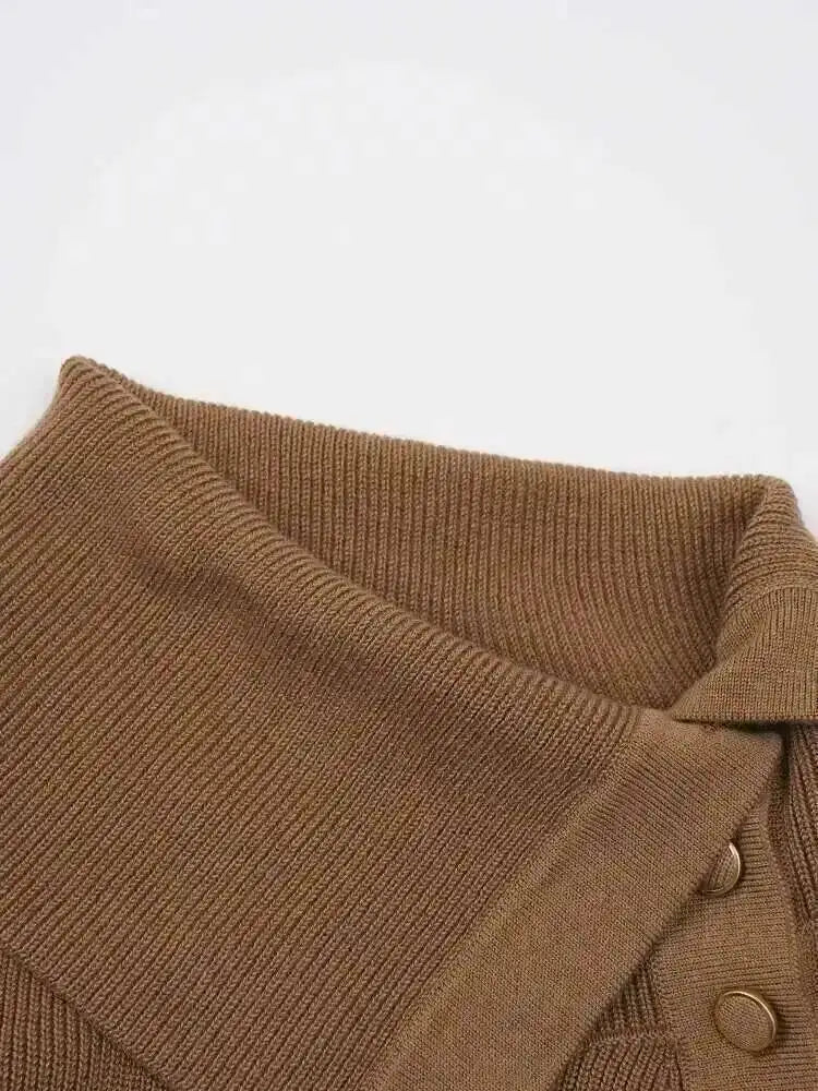 DEAT Fashion Brown Irregular Knitted Tops Women's Turtleneck Slim Fit Button Long Sleeves Short Sweater Autumn New