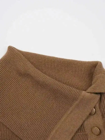 DEAT Fashion Brown Irregular Knitted Tops Women's Turtleneck Slim Fit Button Long Sleeves Short Sweater Autumn New