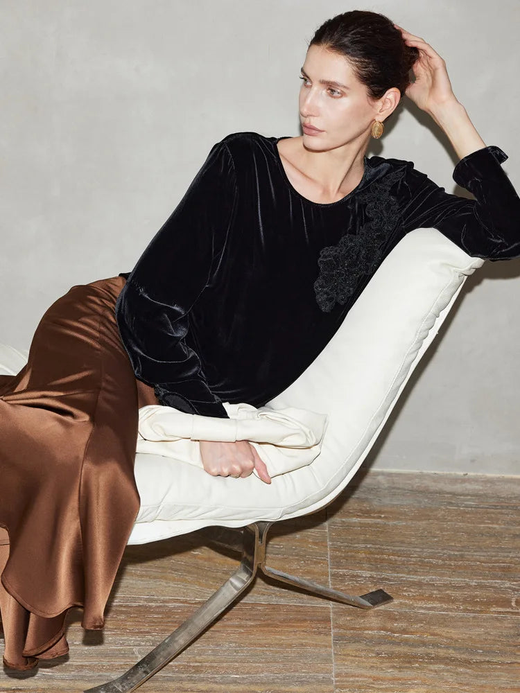 SuyaDream Women Black Blouses, 100%Silk Velour, Round Collar, Elegant Embriodery Velvet Shirts, 2026 Spring Summer Casual Top