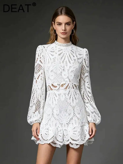 DEAT Fashion White Stand Collar Lantern Long Sleeve Water-soluble Lace Dress A-line Ruffle Hollow Party Mini Dresses Summer New