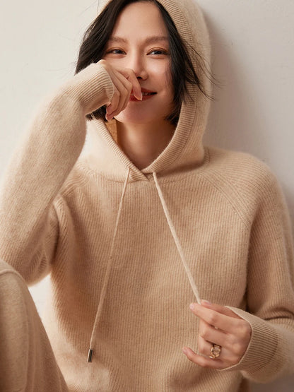 CHICUU Autumn Winter Women Hoodie Pullover Sweater 100% Cashmere Knitwear Soft Warm Casual Style Hooded Sweater Tops