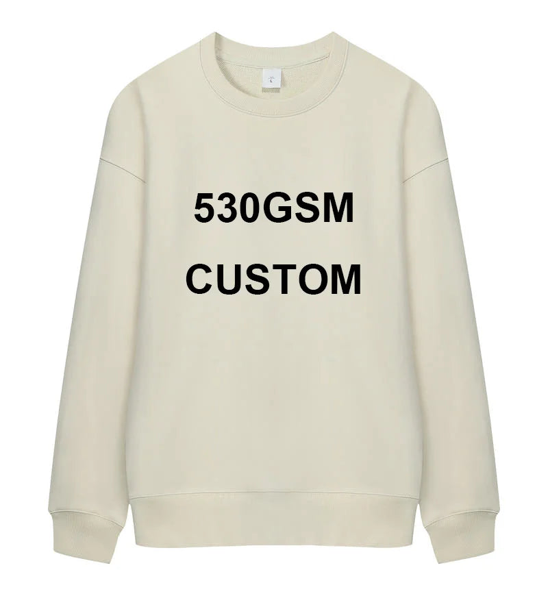 530GSM 100% Cotton DIY LOGO BRAND  French Terry High-end Heavy Weight Winter Pullovers Thick Drop-Shoulder Sweatshirt Hoodies