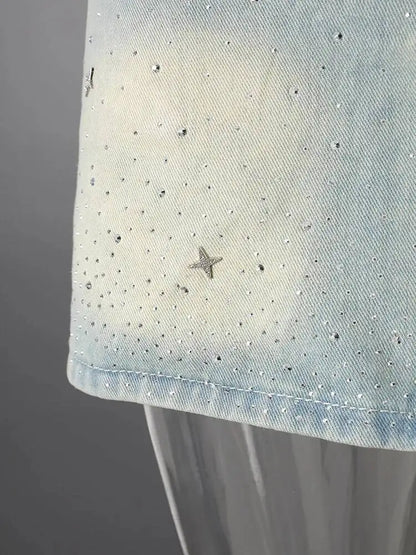 DEAT Fashion Star Rhinestone Denim Mini Skirt Women's High Waist Light Blue Gradient Wash Skirts Summer New