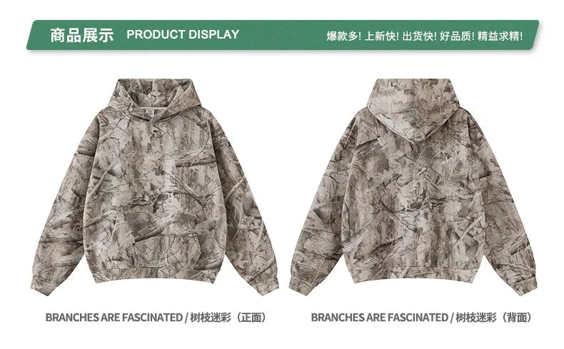 Custom LOGO men's new 340G heavy autumn and winter American camouflage fleece hooded sweatshirt jacket shorts set