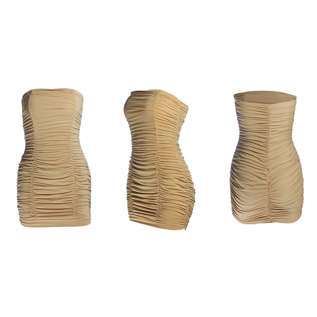 XS - XL Sexy Bandeau Wrinkled Pleated Dress Short Club Ladies 2026 Summer Bodycon Dress Evening Party Tight Mini Dress VD262